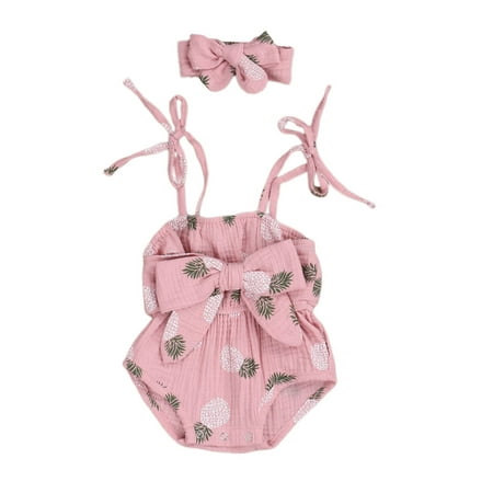 

2Pcs Baby Summer Wear Pineapple/Polka Dot Printed Spaghetti Straps Romper + Bowknot Headband for Toddlers Girls