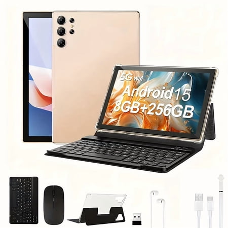 10.1-inch Android 15 Tablet - 8GB RAM + 256GB ROM, 1280x800 HD Display, 8000mAh Battery, 5MP+16MP Cameras, WiFi, Keyboard/Case/Mouse/Stylus Included