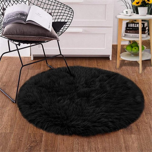 LAICAIW Round Rugs Black Circle Rug 4ft Fluffy Shaggy Area Rug Fuzzy Machine Washable Faux Fur Rug Shag Rug for Living Room Kids Room Bedroom Dorm Home Decor