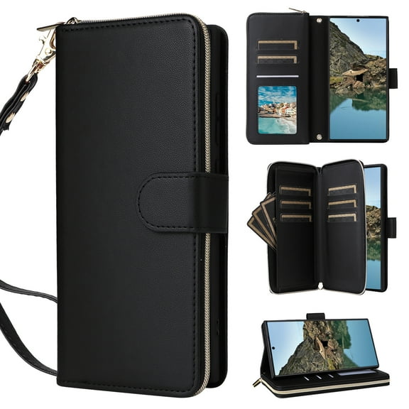 Wallet Case for Samsung Galaxy S25 Edge, PU Leather TPU Protective Rugged Cover with Card Slots Cash Slot Zipper Pocket Magnetic Closure Kickstand Wrist Strap & Adjustable Shoulder Strap, Black