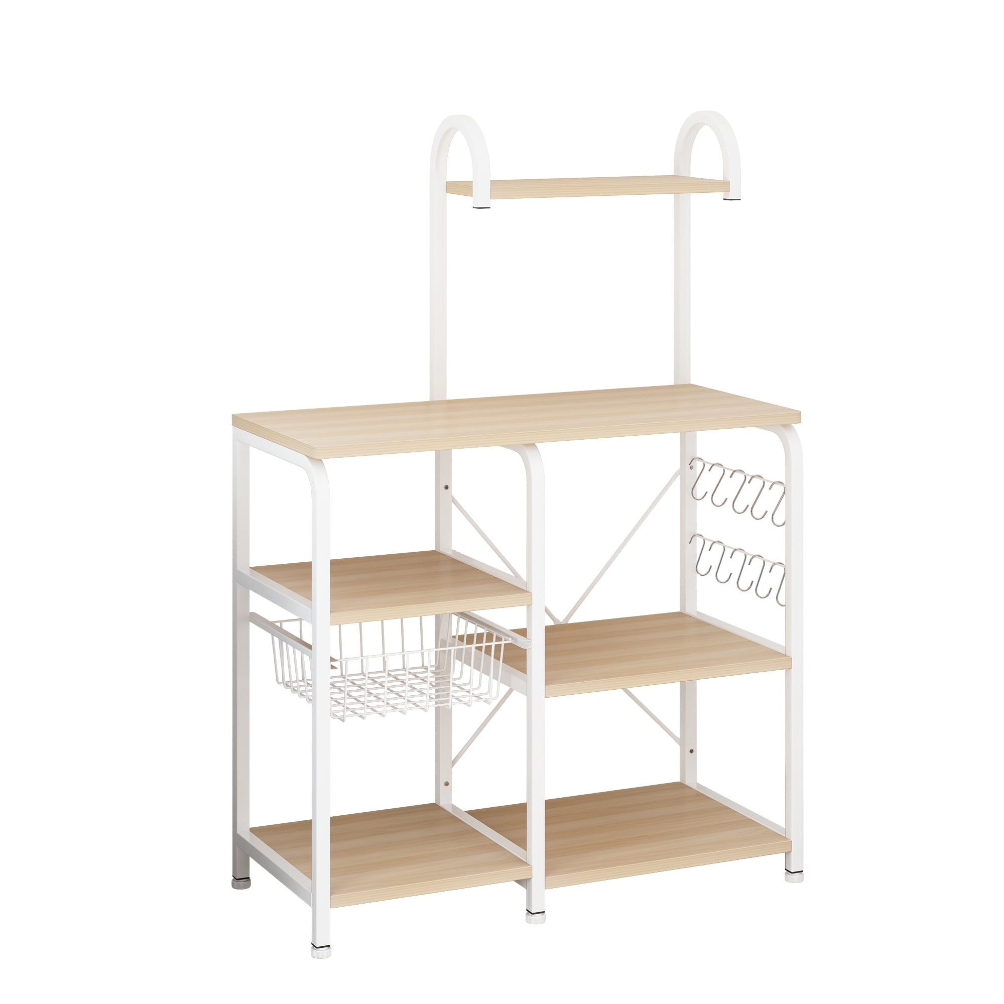 NAIYUFA Kitchen Bakers Rack with Baskets,5-Tier Utility Storage Wood Shelf  with Hooks, Microwave Oven Stand Rack,Vintage Grey 