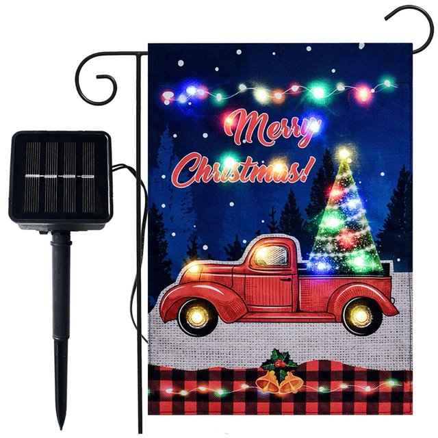 Bandera de jardín de temporada con energía solar, bandera de jardín iluminada de Navidad, bandera de jardín iluminada al aire libre de doble cara de 12 × 18, decoración de Halloween, Navidad,