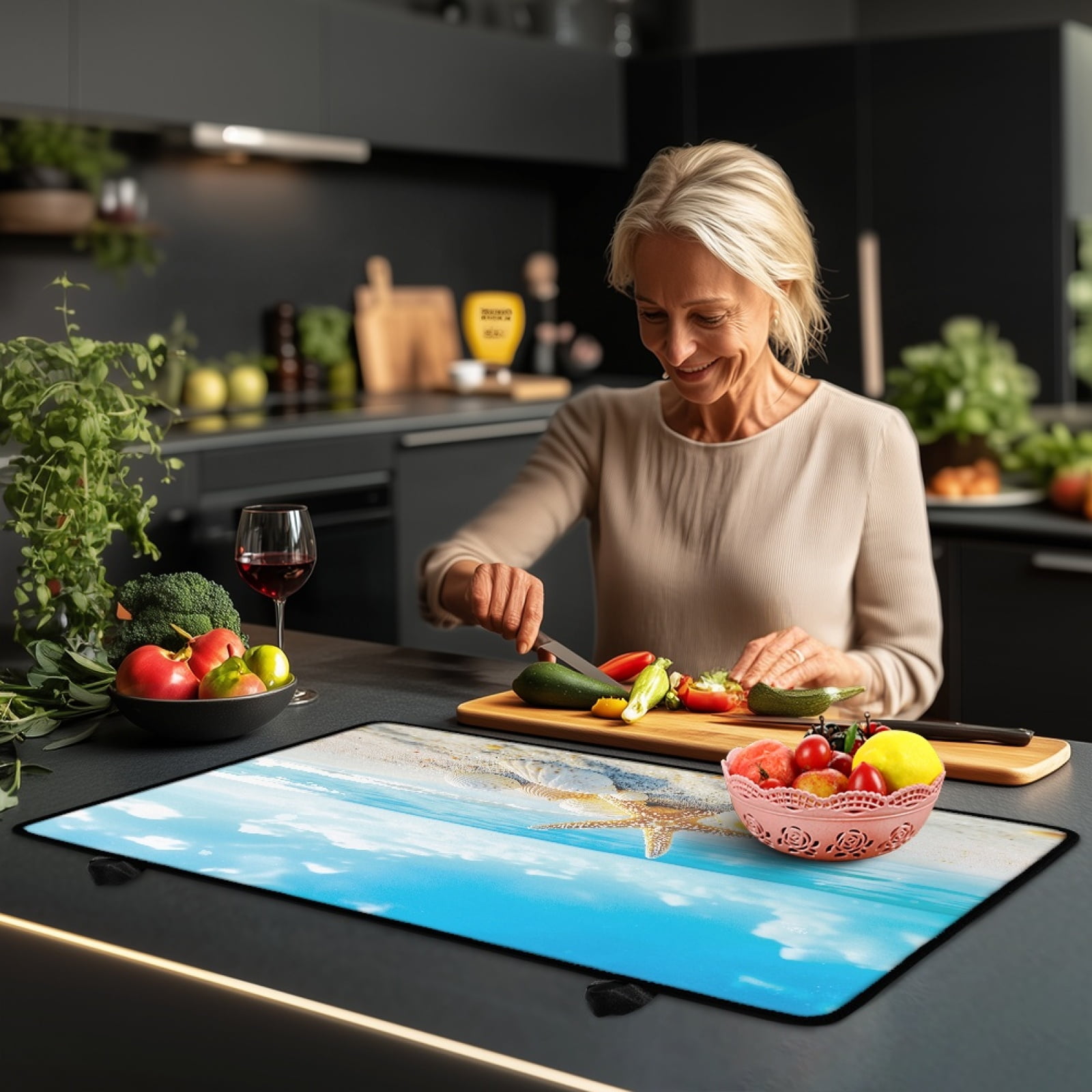 Renewold Stove Top Cover for Electric Stove, Non-skid Glass Electric Stove Top Mat, Induction Electric Stove Top Protector for Kitchen Counter Top, Beach Starfish Seashell Blue Sky