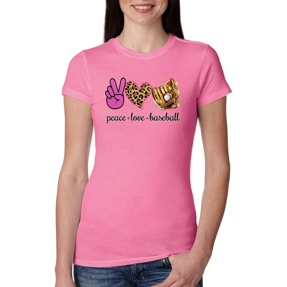 Peace Love Baseball Sports Womens Slim Fit Junior Tee, Hot Pink, Medium