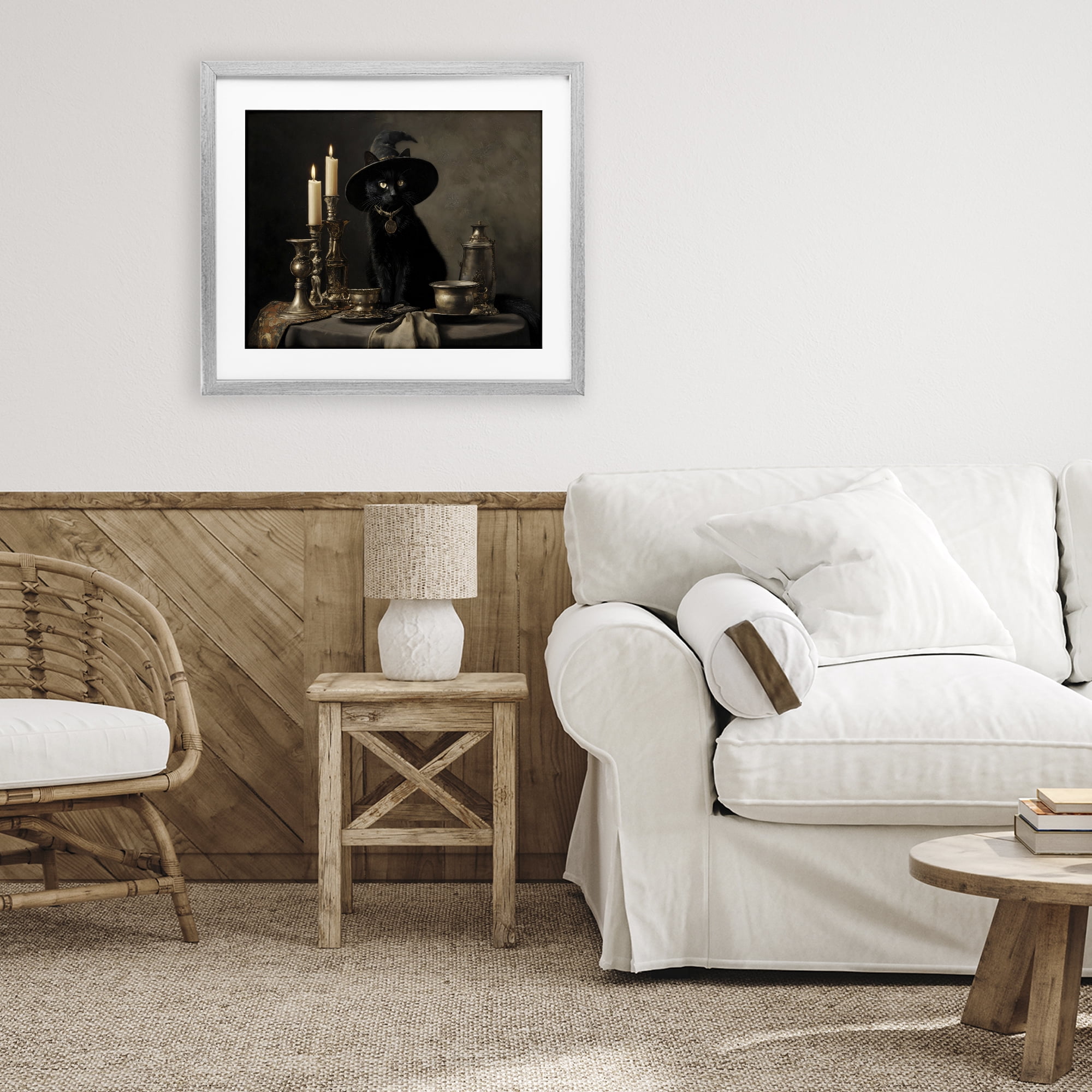 Vintage Witchy Black Cat Gray Framed Print Under Glass, design by Arlington Prints