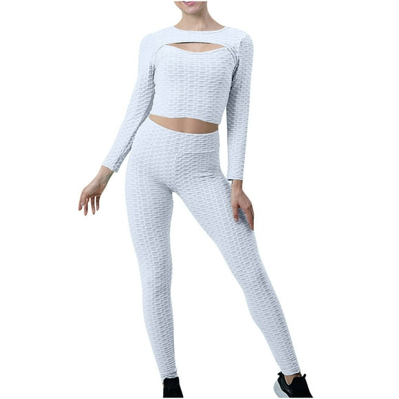 Chbgutlmr Workout Sets for Women Long Sleeve Cutout Crop Tops High Waist Leggings Pants Gym Athletic 2 Piece Outfits