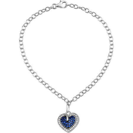 Blue Sapphire Crystal and White CZ Sterling Silver Heart Charm Bracelet, 8