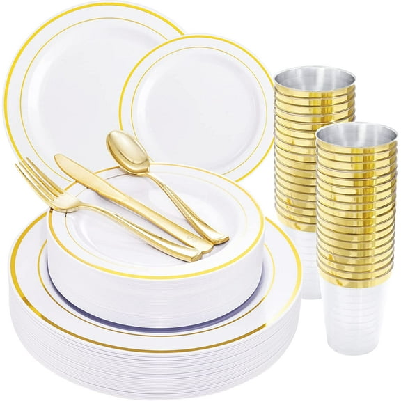 96 Pcs Gold Plastic Dinnerware Set, Disposable Silverware and Cups, Gold Dinnerware Set, Includes: 16 Dinner Plates 10.25", 16 Dessert Plates 7.5", 16 Cutlery for Party