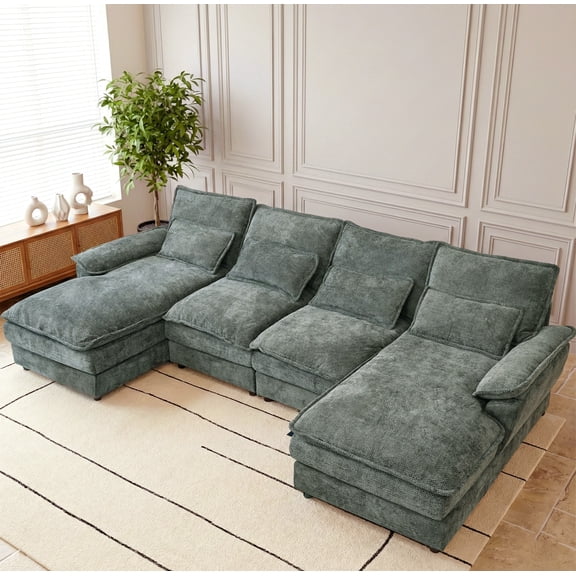 110 U-Shaped Couch, Gray Cloud Modular Sectional Sofa, 4 Seats with Pillows for Living Room, Ultra Comfy Chenille Fabric, Deep Double Cushions