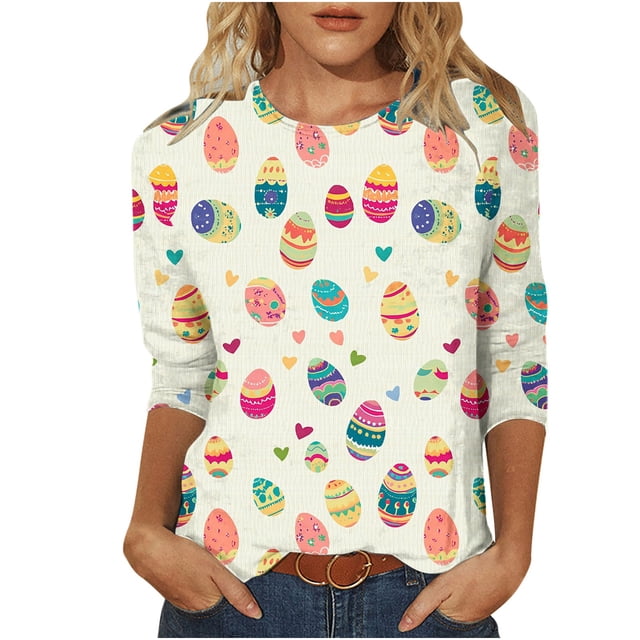 Staron Hauts de Pâques pour Femmes en Liquidation à Moins de 5$ Col Rond T-Shirt Manches 3/4 T-Shirts Graphiques Basiques Tunique Longueur Trois Quarts Chemises Décontractées Habillées