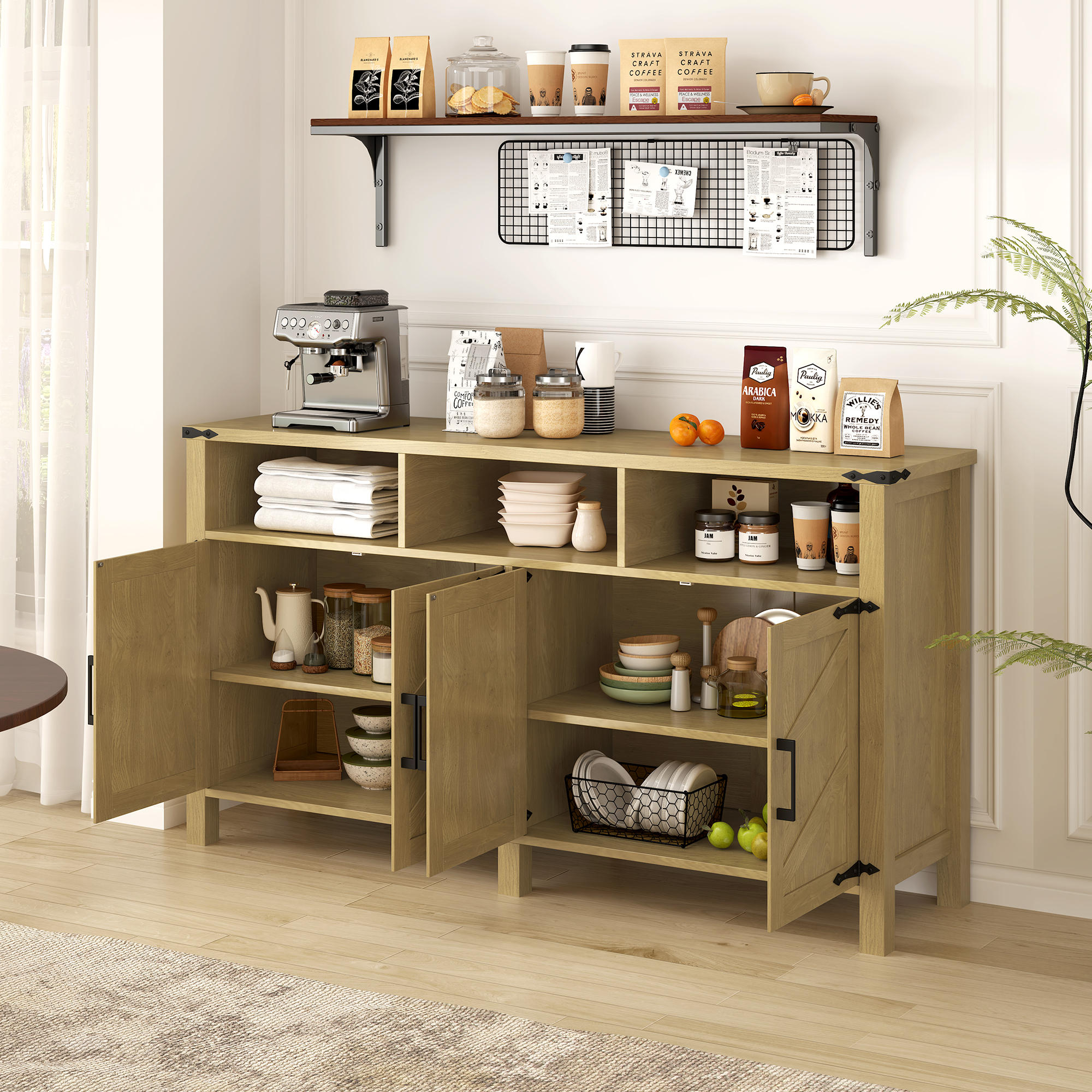Euroco 59" Large Sideboard Buffet Cabinet with Storage, Wood Coffee Bar Station with Charging Station,Adjustable Shelves and Open Storage Shef for Living Room,Dining Room,Natural