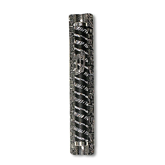 Metal Gray Black Silver-Tone Pattern Classic Mezuzah Case, 6.5" - Made in Israel