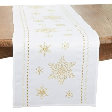 

Fennco Styles Metallic Gold Embroidered Snowflake Christmas Table Runner 16 W x 72 L - White Linen Blend Table Cover for Winter Holidays Family Gatherings Banquets Special Events