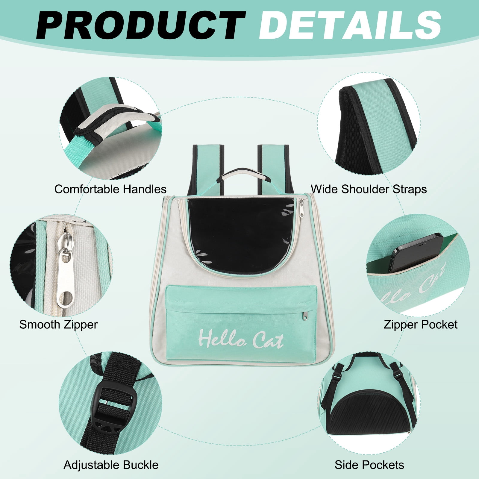 Uxcell Cat Backpack Carrier, Large Space Ventilated Mesh Design for Cats or Small Dogs (Green, 14.6"x9.8"x13.4")