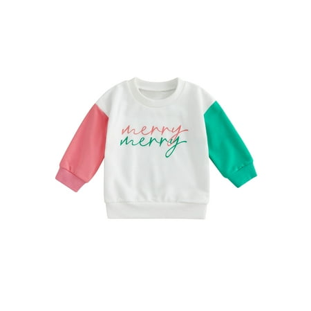 

CenturyX Toddler Kids Girls Christmas Sweatshirt Clothes 0-4Y Cotton Letter Print Long Sleeve Pullover Casual T-shirts Outwear Pink Green Letters 18-24 Months