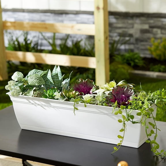 30 Inch Eclipse Window Planter Box with Drainage Holes & Attached Saucer, Lightweight -Resistant Plastic Outdoor Planters, 2-Pack Flower Box for Garden & Home Decor, White