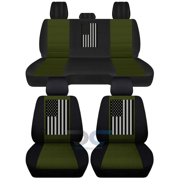Fits 2012-2018 Dodge Ram w US Flag Cotton Seat Cvrs Solid Rr:Blk Hunter Grn-FullSet
