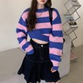 thumbnail image 2 of WEAIXIMIUNG Rainbow Contrasting Irregular Stripes Long Sleeve Fall/Winter 2024 Cropped Top Round Neck Wool Top, 2 of 4