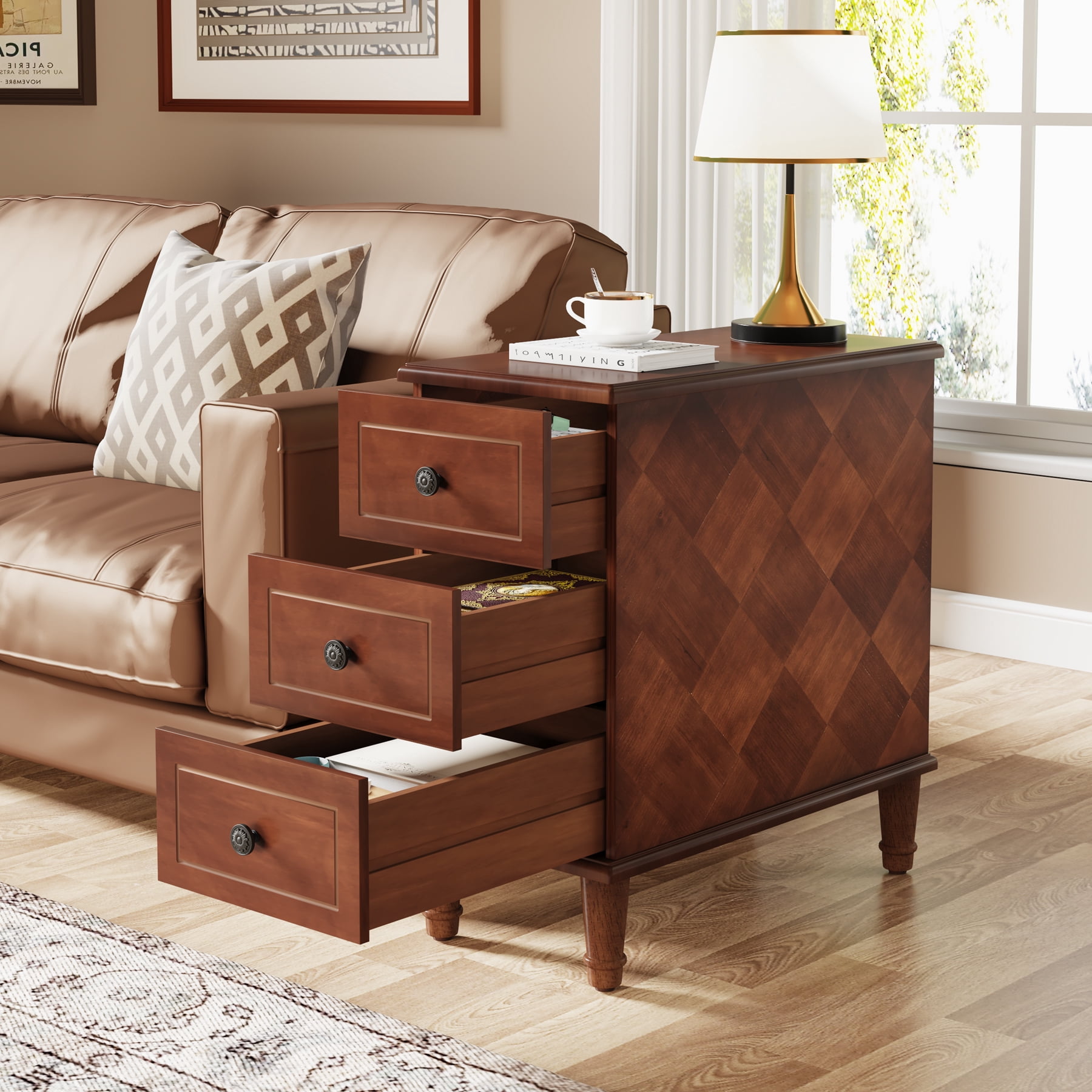 Tribesigns Wood End Table, Fully Assembled Narrow Side Table with 3 Drawers, Pre-Assembled Nightstand Slim Bedside Table for Small Spaces, Living Room, Bedroom