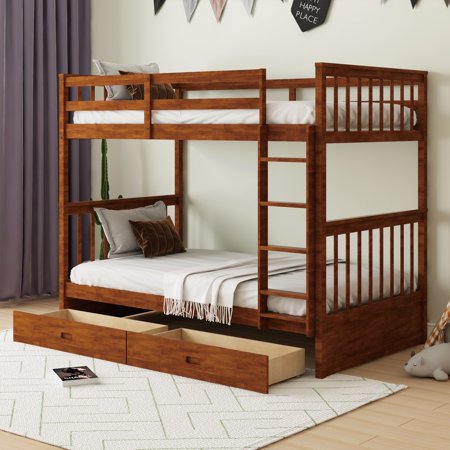 Twin-Over-Twin Bunk Bed with Ladders and Two Storage Drawers (Walnut)