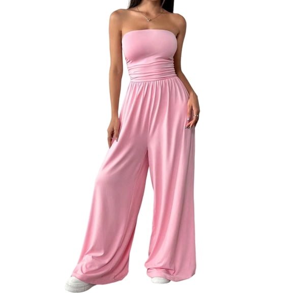 Aellinatey Flattering High Waist Strapless Romper Comfortable Loose Fit Long Trousers
