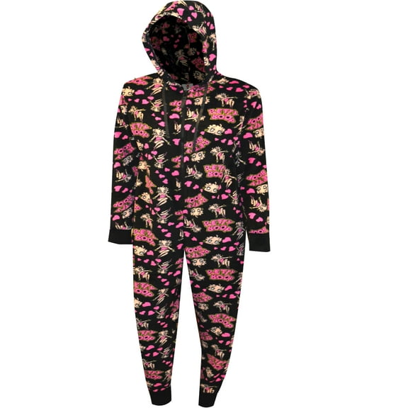 Betty Boop Womens Betty Boop Black Plush Onesie Hoodie Pajama (Small)