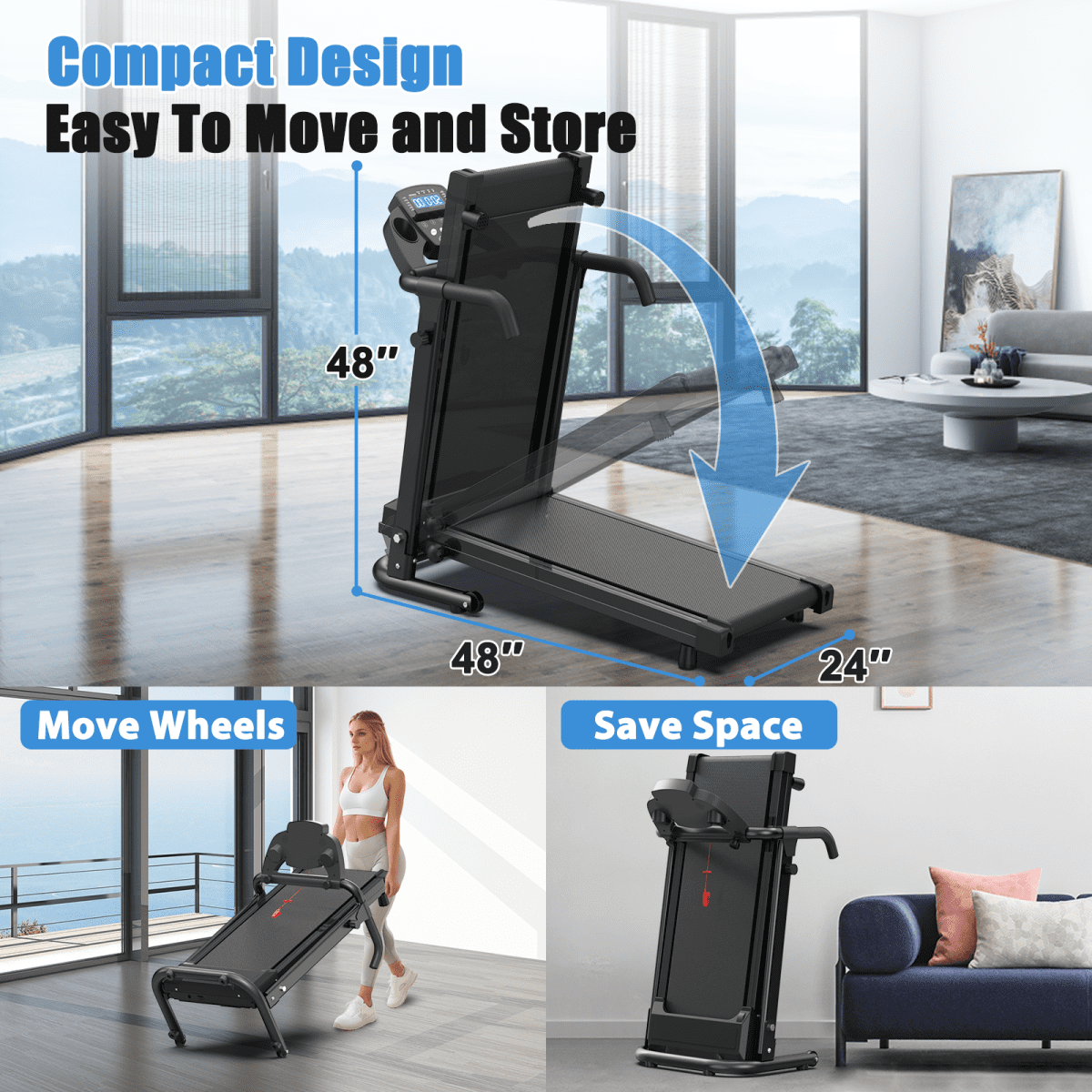 3HP Exercise Treadmills for Home, Walking Pad with APP Control, <45dB Quiet Foldable Running Machine with 5-Layer Knee Protection Belt & 300lbs Capacity