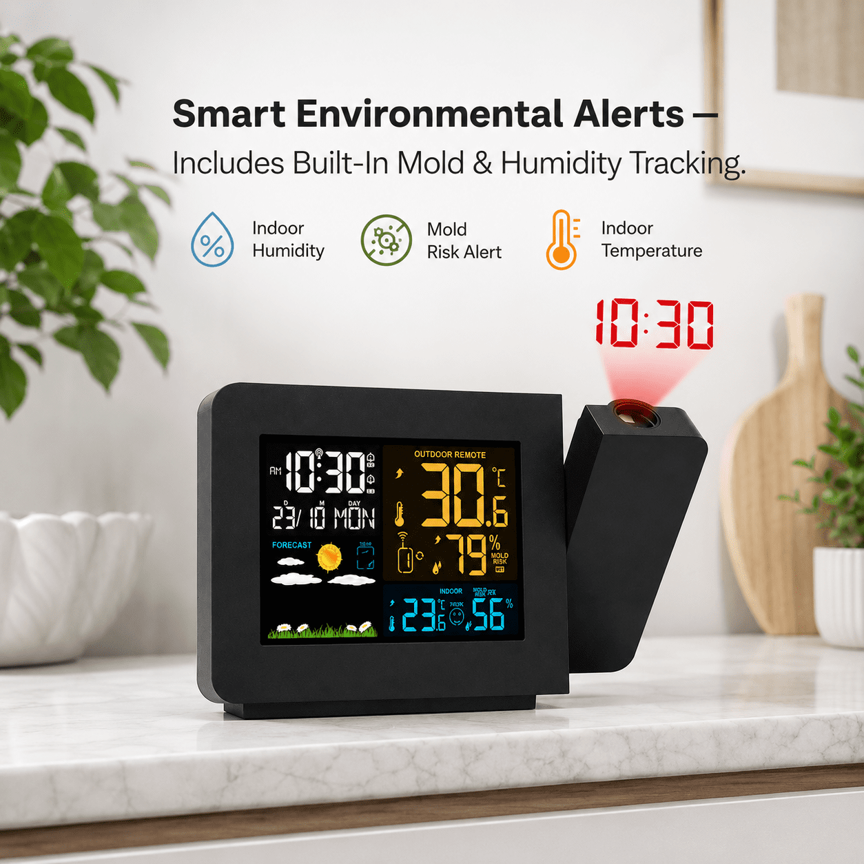 Atomic Projection Alarm Clock with Weather Station, WWVB Radio, Dual Alarms, Snooze, and Wireless Temperature & Humidity Sensor