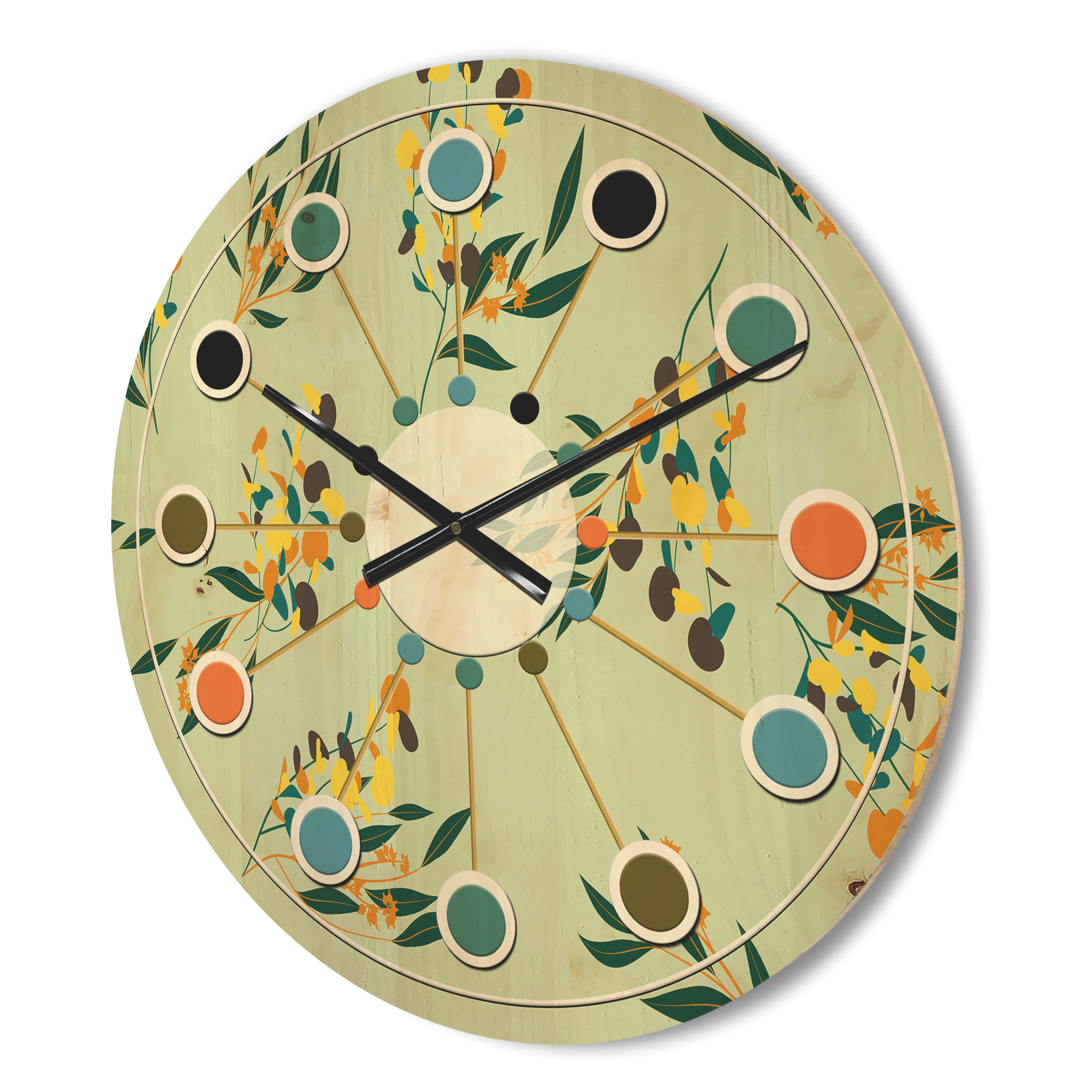 Designart 'Bright Eucalyptus Floral Retro Pattern III' Mid-Century Modern Wood Wall Clock