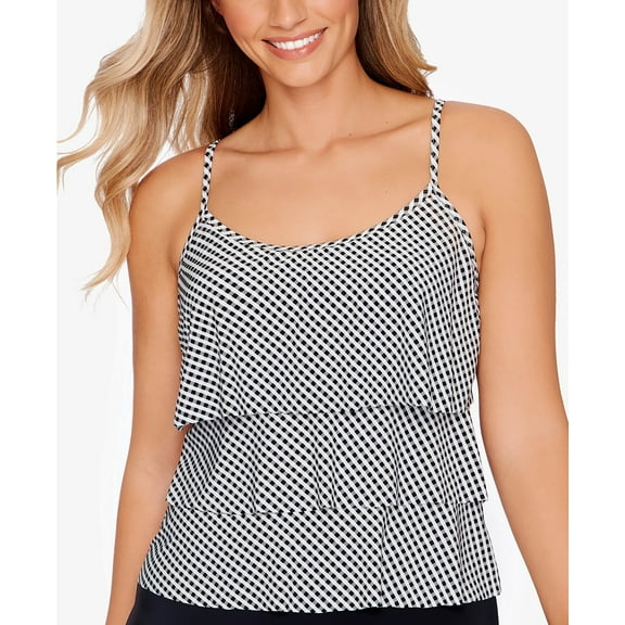 Swim Solutions BLACK/WHITE Printed Triple Tier Tankini Swim Top, US 8