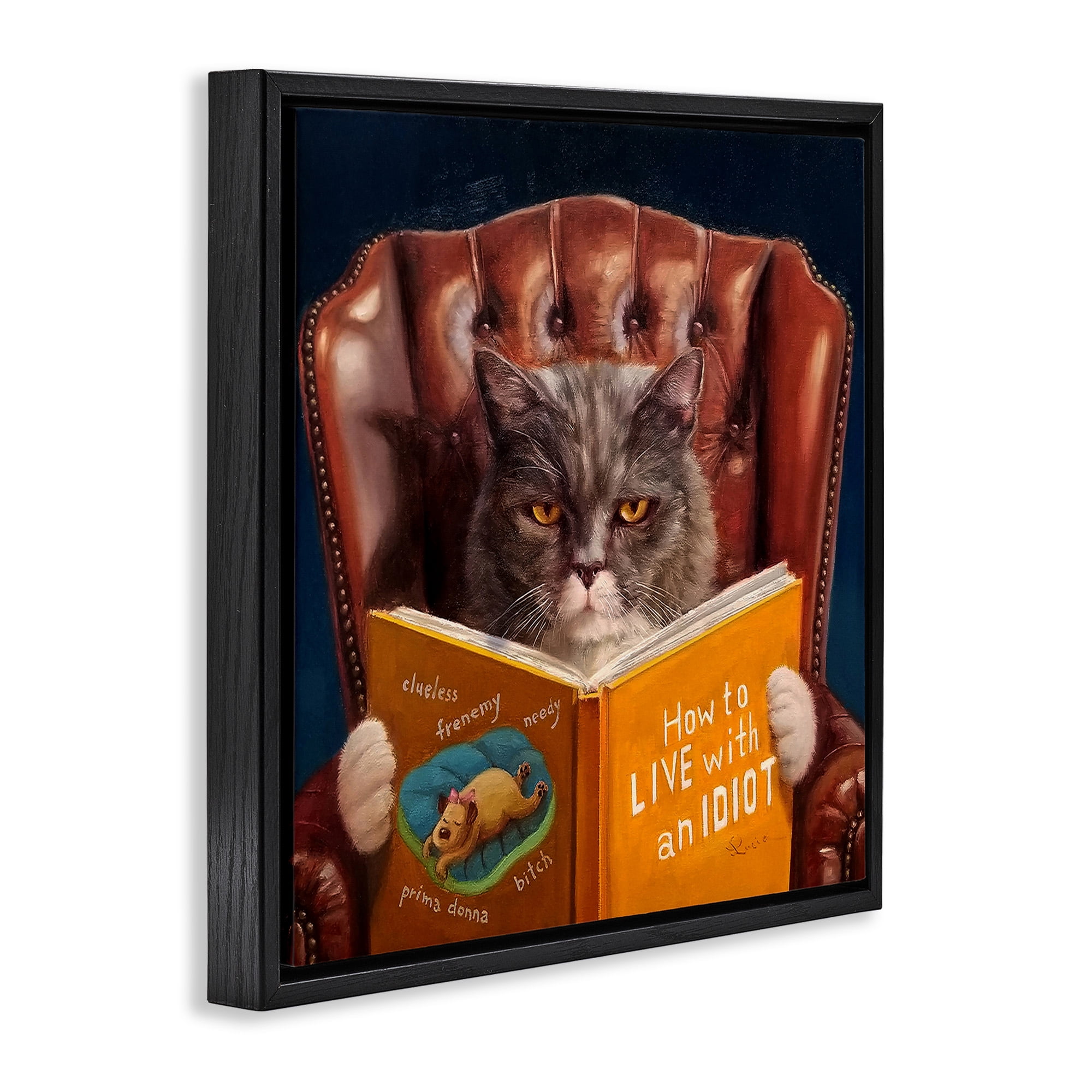Stupell Industries Funny Cat Reading Dog Book Animals & Insects Painting Black Floater Framed Canvas Art Print Wall Art, 25 x 25