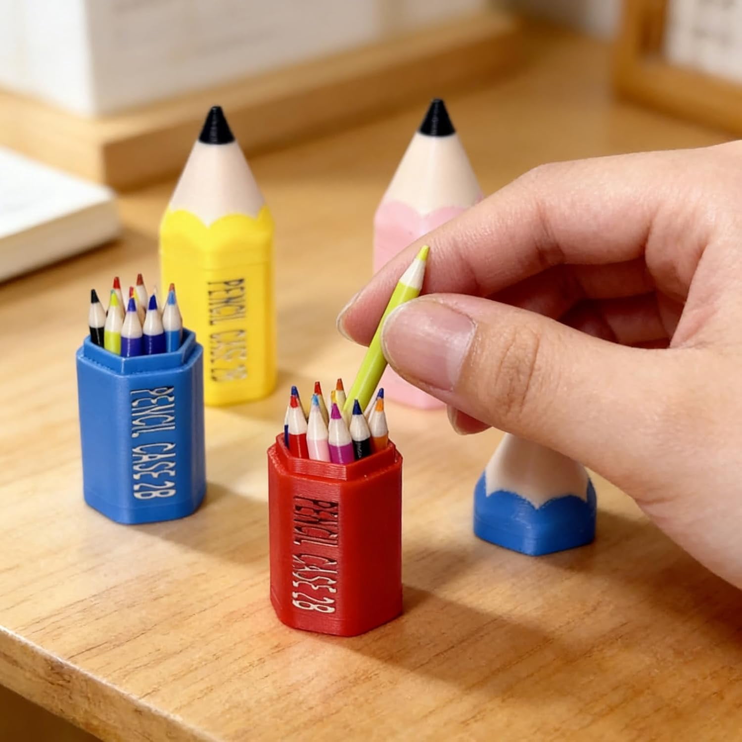 4 Set Mini Colored Pencil Set with Red Storage Case, Tiny Dollhouse Desk Accessories for Miniature Scenes, Realistic Micro Stationery for Doll Room Classroom DIY Craft Gift(wwx)