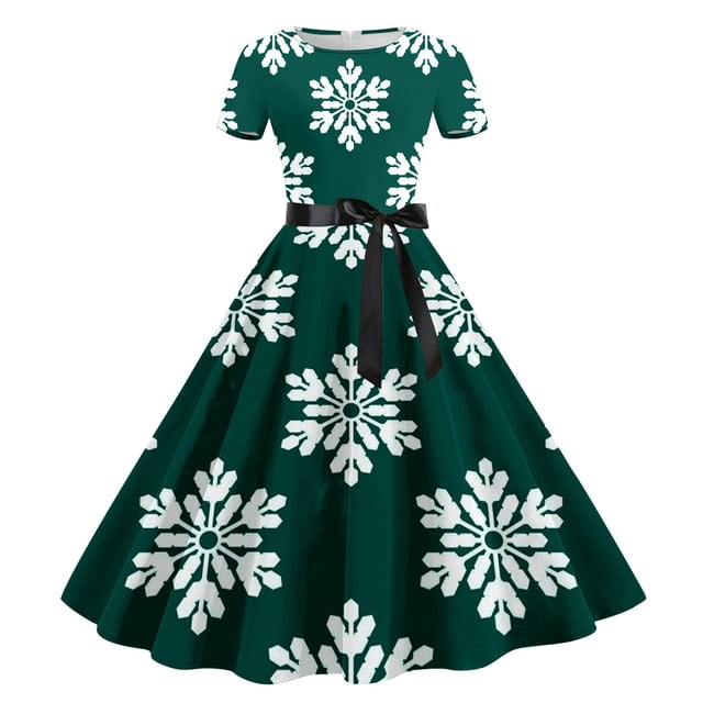 Qertyioot Robe Imprimée de Noël pour Femmes, Mode Hiver Manches Courtes Vintage Décontractée