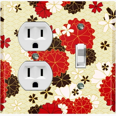 Metal Light Switch Plate Cover Japanese Flower Pattern Tan Wallpaper FLW041