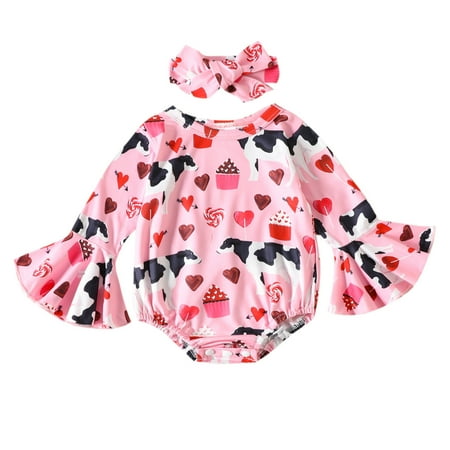 

Girls Valentine s Day Flare Sleeve Hearts Cartoon Dairy Cow Printed Pullover Romper Sweatshirt Bodysuits Headbands Set