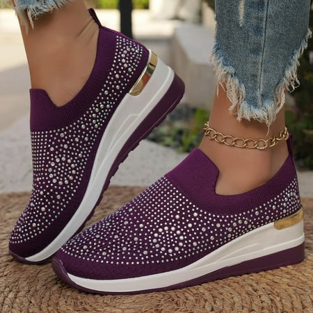 Gvdentm Women s Walking Shoes Sock Sneakers Mesh Slip On Lady Girls Modern Jazz Dance Easy Shoes Platform Loafers Dark Purple 7