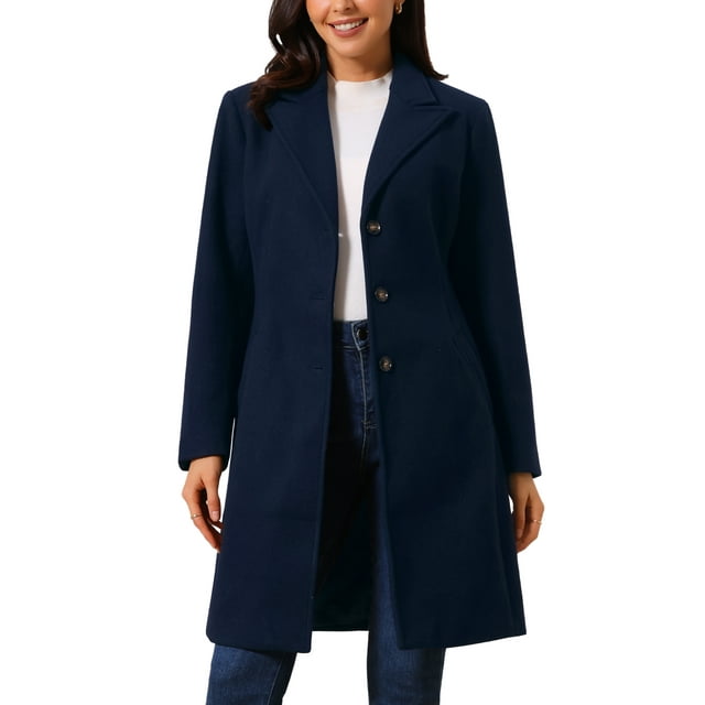 Abrigo de mujer de doble botonadura, abrigo de moda de invierno con solapa, abrigo exterior de botón, M azul oscuro