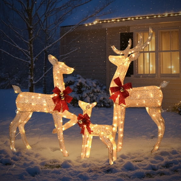 Ktaxon 3D Lighted Christmas 3-Piece Deer Set Outdoor Yard Decoration Set LED Lights, Stakes - Gold
