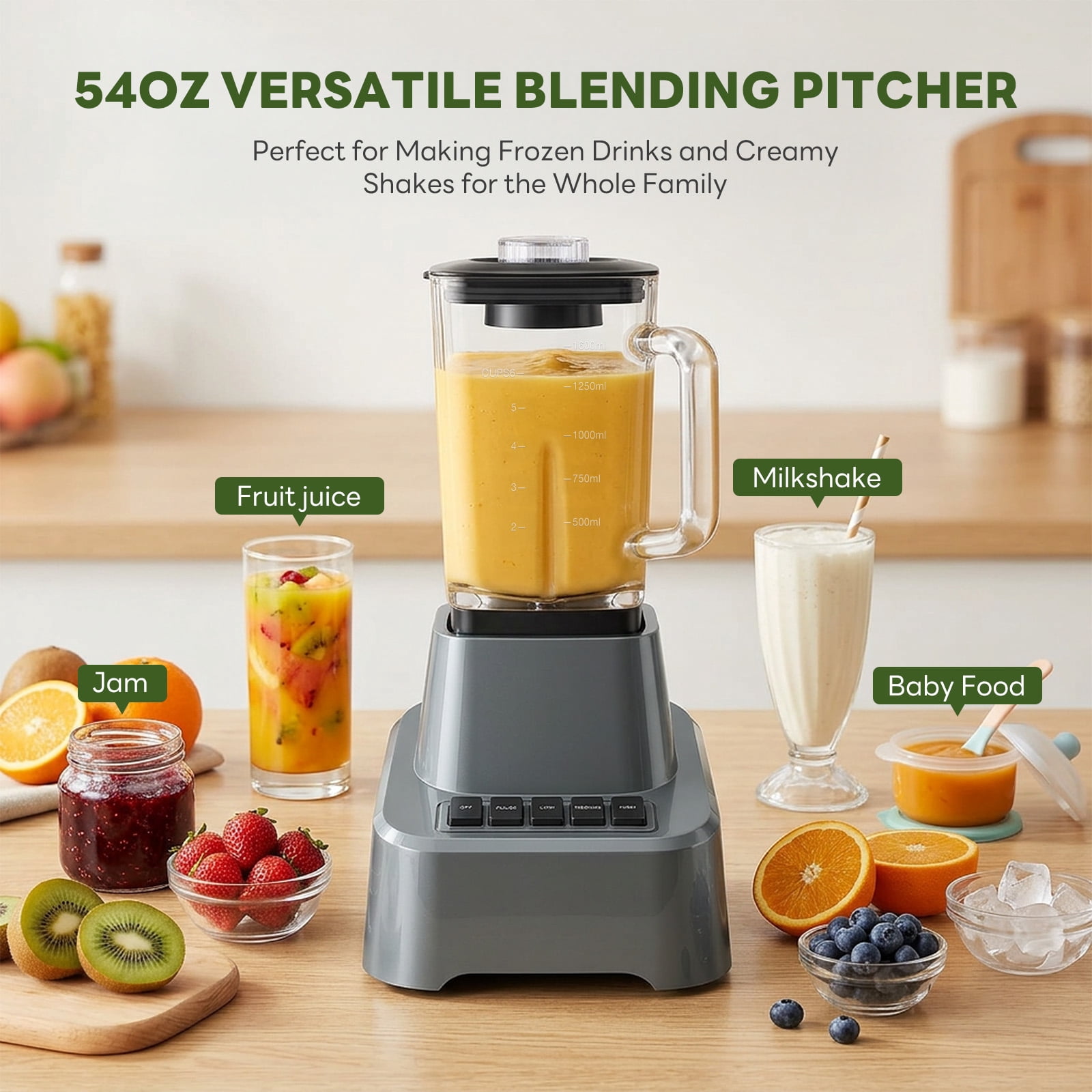CONCETTA Professional Smoothie & Food Processing Blender, 1100W Motor, 3 Preset Functions for Frozen Drinks, Smoothies & Sauces, Large Pitcher with To-Go Cups，Gray