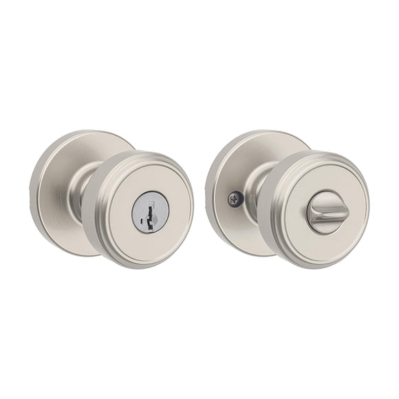 Pomo de puerta Kwikset Maven Entry con cerradura y llave en níquel satinado