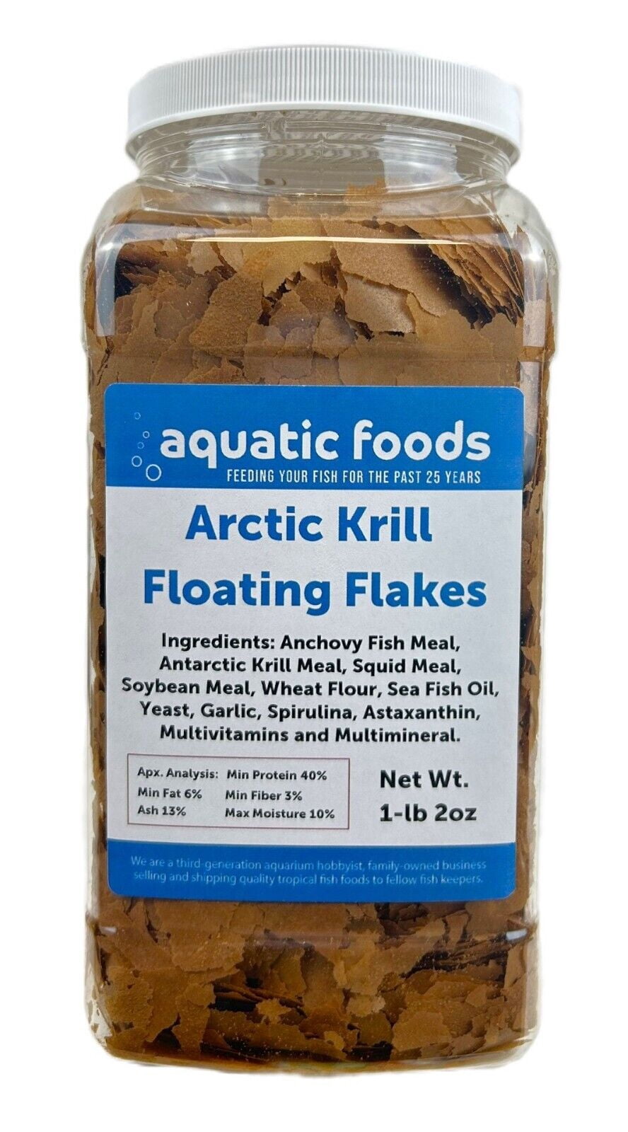 Aquatic Foods Inc. Arctic Krill Flakes which contain Natural Carotenoids & Astaxanthin that will enhance the vibrant colors of Fish, for All Tropical and Marine Fish...WL 1-lb 2oz Lg Jar