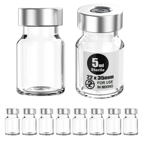 Sterile Empty Vials Silver Aluminum Cap with Butyl Rubber Stopper,Sterile Package of10(5ml)