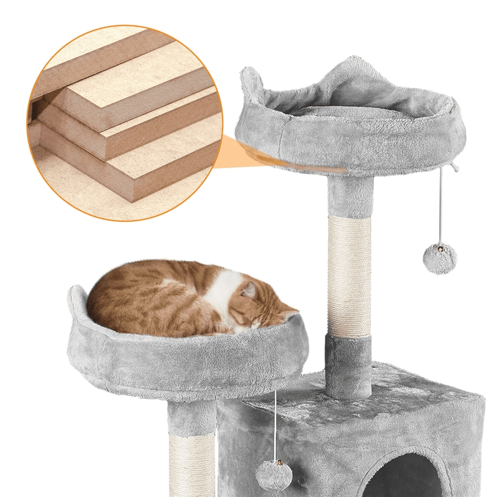 Alden Design 70″H Multi Level Cat Tower Tree with 2 Condos & 2 Foam-Padded Perches for Medium/Large Cats, Light Gray