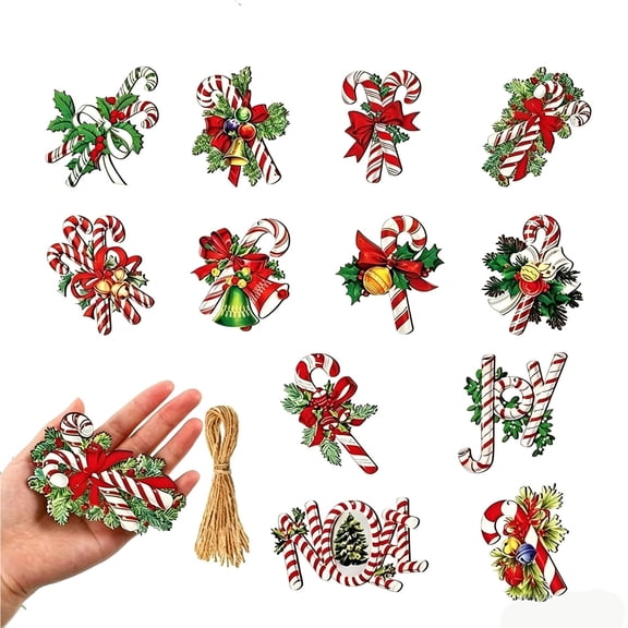 12Pcs Christmas Ornaments Candy Cane Christmas Tree Decorations 3.14'' Colorful Mini Candy Cane Hanging Ornaments, Wooden Candy Cane Pendants, for Xmas Tree Party Home Decorations