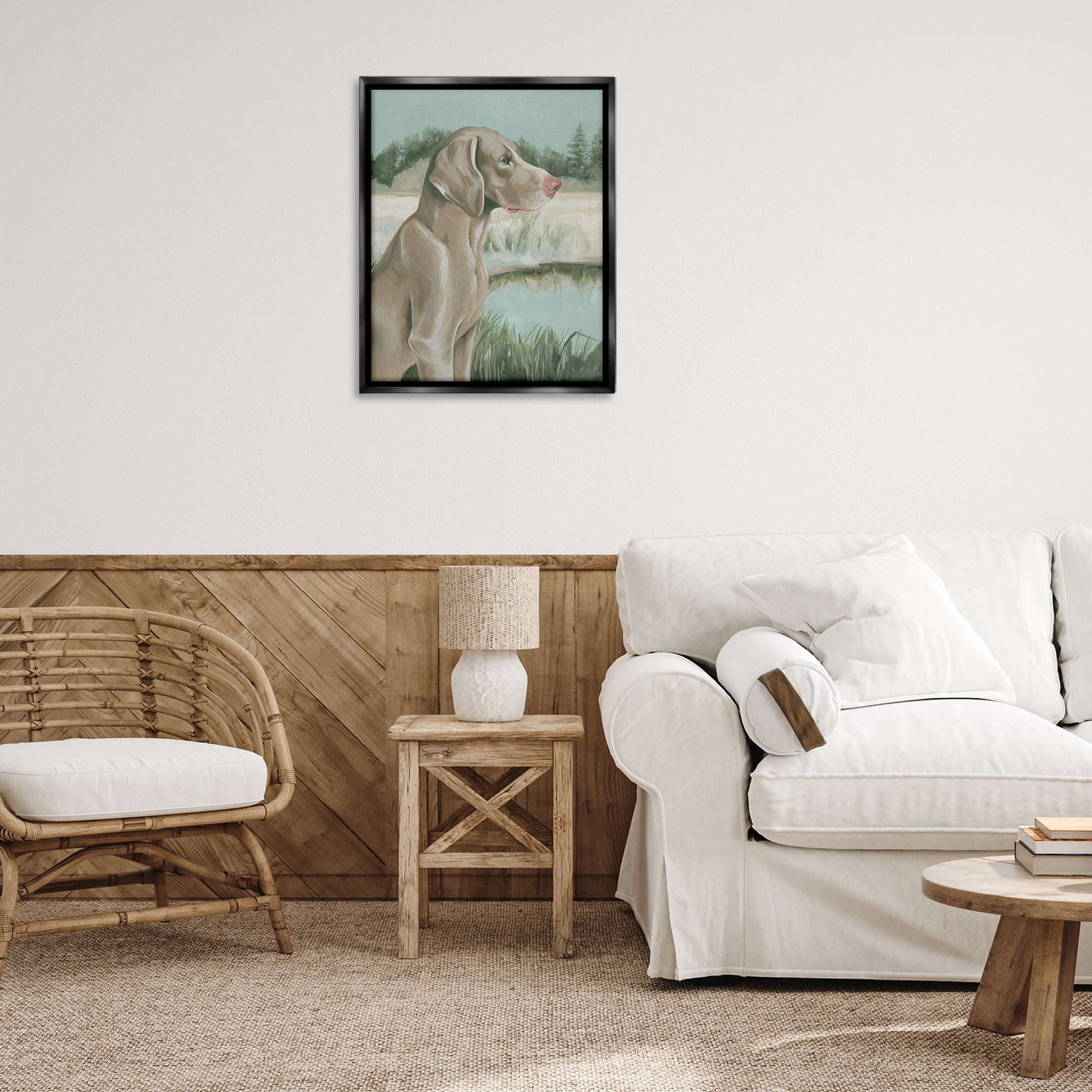Stupell Industries Labrador Lake Landscape Animals & Insects Painting Black Floater Framed Canvas Art Print Wall Art, 25 x 31