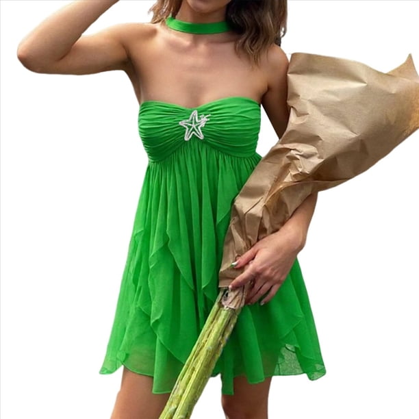 Vestido Mini Ajustado con Volantes, Estampado, Sin Mangas y Espalda Descubierta para Mujer. Verde L