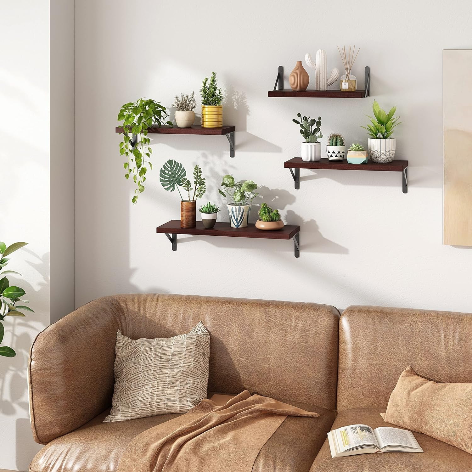 Fairy Floating Shelves, Set of 4, Walnut Brown, Multifunctional Wall-Mounted Shelves for Living Room, Bathroom, Kitchen, or Bedroom