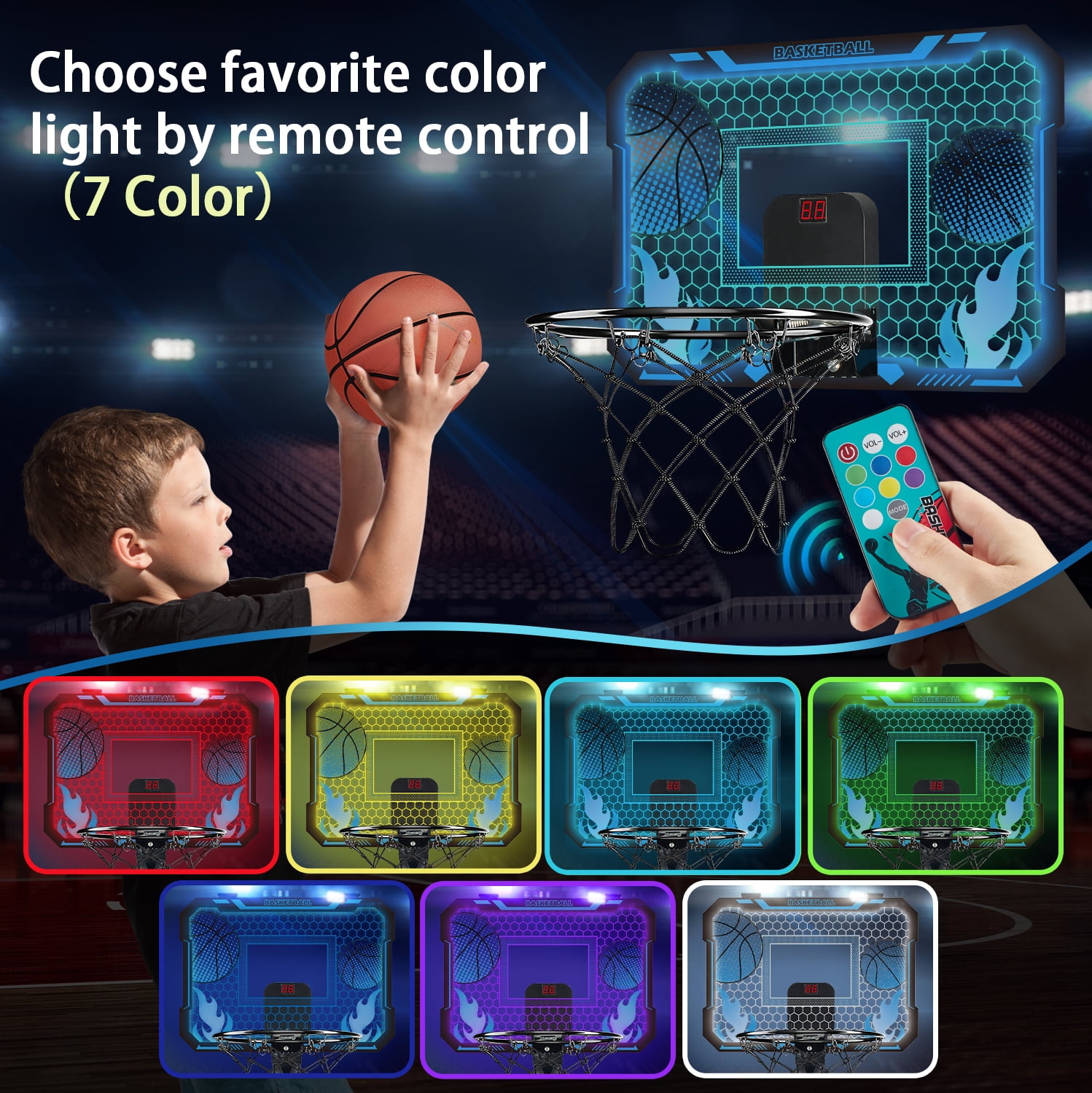 Indoor Basketball Hoop for Kids with 7 Color LED Lights, Remote Control, Over-the-Door Mount, Scoreboard - Gifts for 4-12 Year Old Boys & Girls