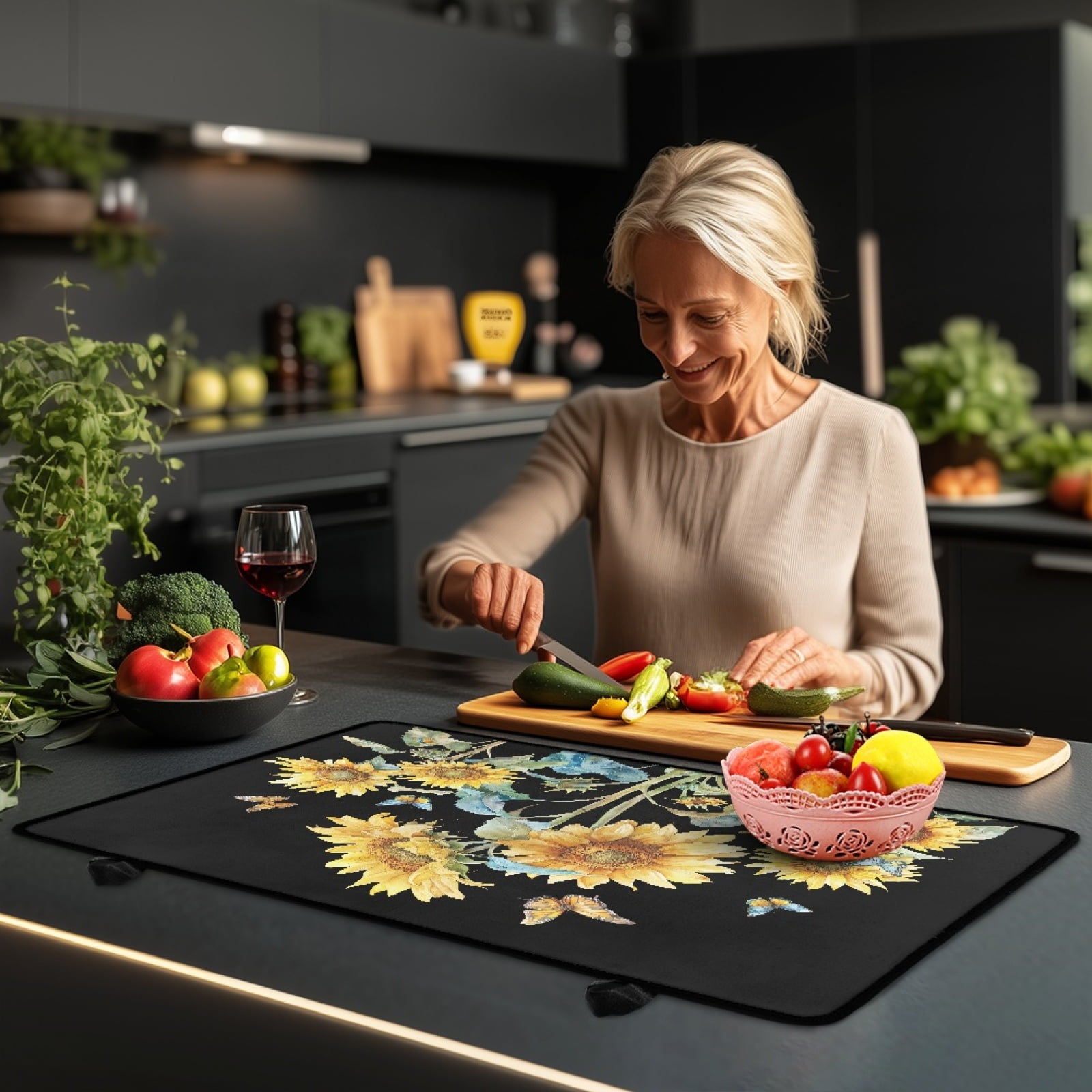 Renewold Stove Top Cover for Electric Stove, Non-skid Glass Electric Stove Top Mat, Induction Electric Stove Top Protector for Kitchen Counter Top, Sunflower Butterfly Black
