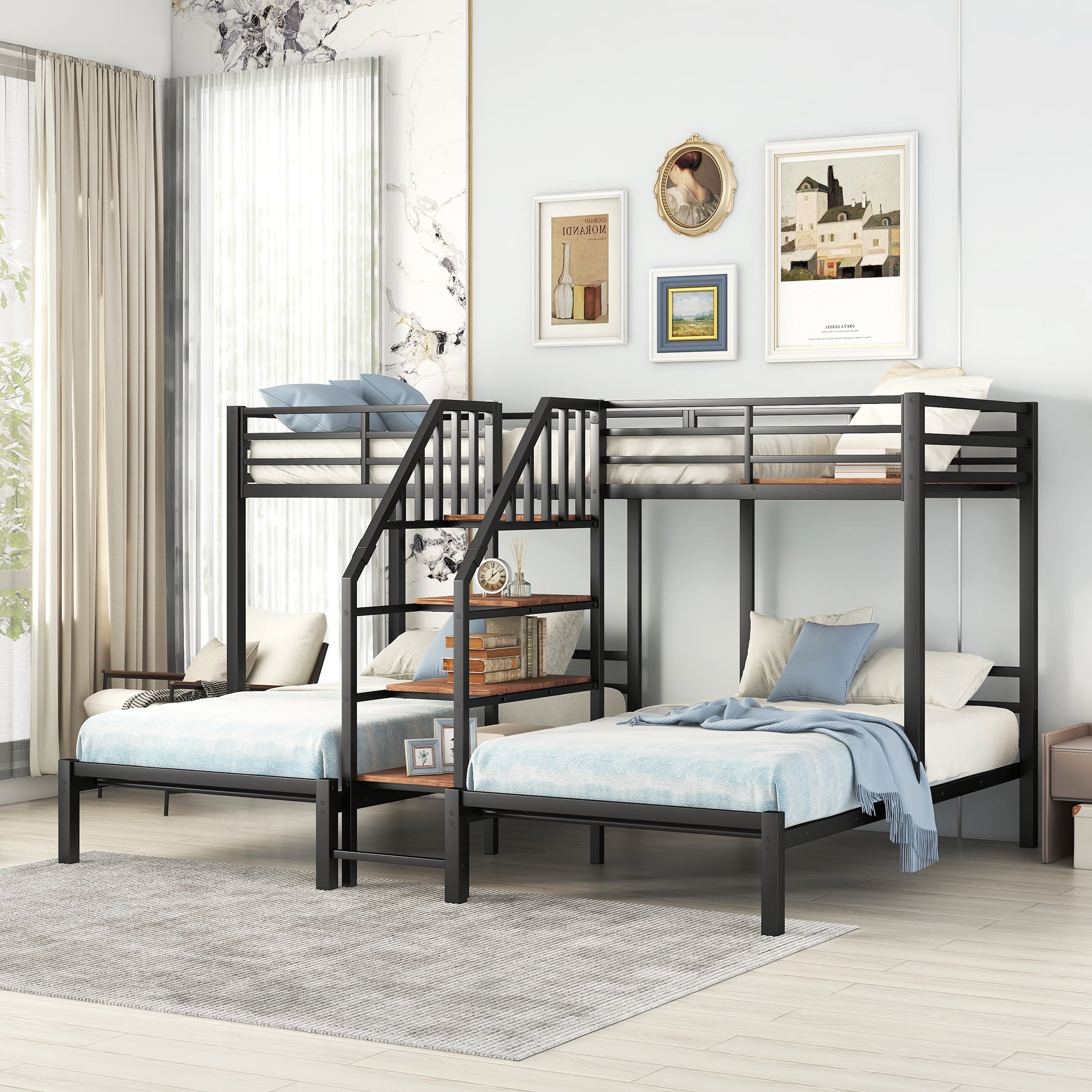 Twin over Twin & Twin Metal Bunk Bed,Triple Bunk Bed 3 Beds Bunk Bed with Storage Shelves Staircase,Black